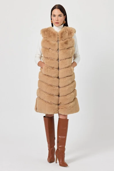 Vittoria Camel Tüylü Uzun Yelek - 3