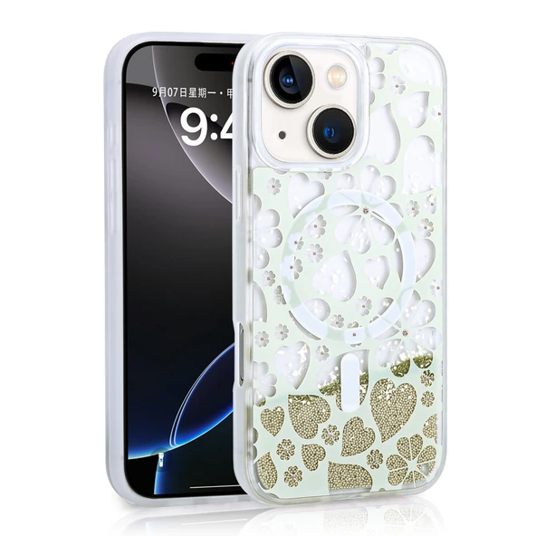 Apple iPhone 15 Kılıf Sıvılı Simli Baskılı Şeffaf Arka Yüzey Zore Mossa Silikon Kapak