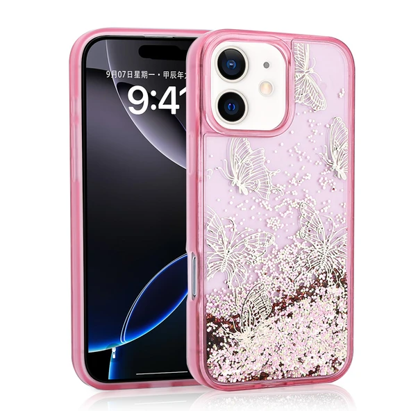 Apple iPhone 12 Kılıf Sıvılı Simli Kelebek Baskılı Şeffaf Arka Yüzey Zore Glis Silikon Kapak - 3