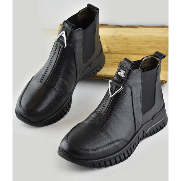 1833 Tam Ortopedik Siyah Hakiki Deri Kadın Bot Ayakkabı Anne Kışlık Deri Bot - 2