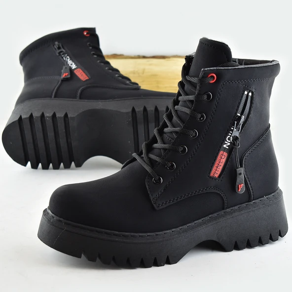 787 Günlük Bağcıklı Fermuarlı Siyah Kadın Bot Ayakkabı Kışlık Kız Çocuk Bot - 5