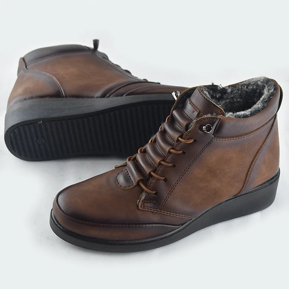 210 Ortopedik Taban Lastik Bağcıklı İçi Kürklü Siyah Anne Botu Kadın Bot Ayakkabı - 10