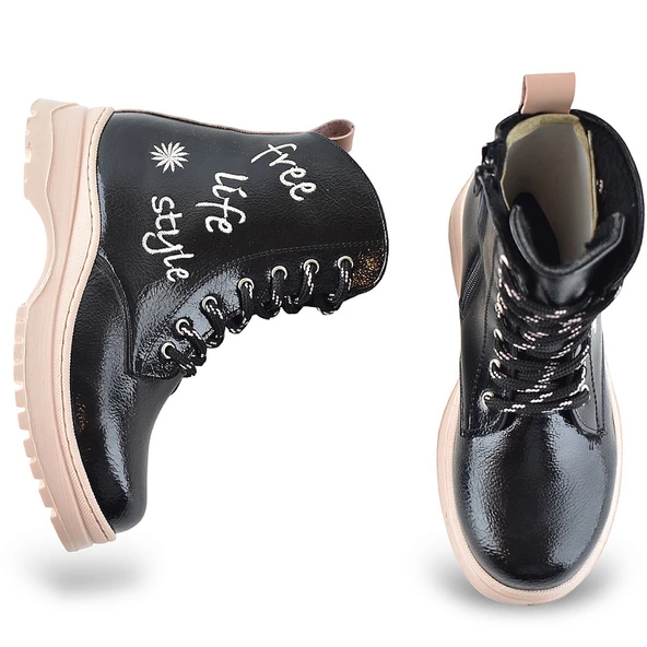 258 Ortopedik Bağcıklı Fermuarlı Kız Siyah Çocuk Bot Ayakkabı Kürklü Kız Çocuk Bot - 9