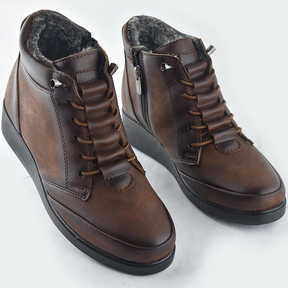 210 Ortopedik Taban Lastik Bağcıklı İçi Kürklü Siyah Anne Botu Kadın Bot Ayakkabı - 12