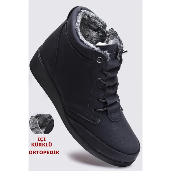 210 Ortopedik Taban Lastik Bağcıklı İçi Kürklü Siyah Anne Botu Kadın Bot Ayakkabı - 2