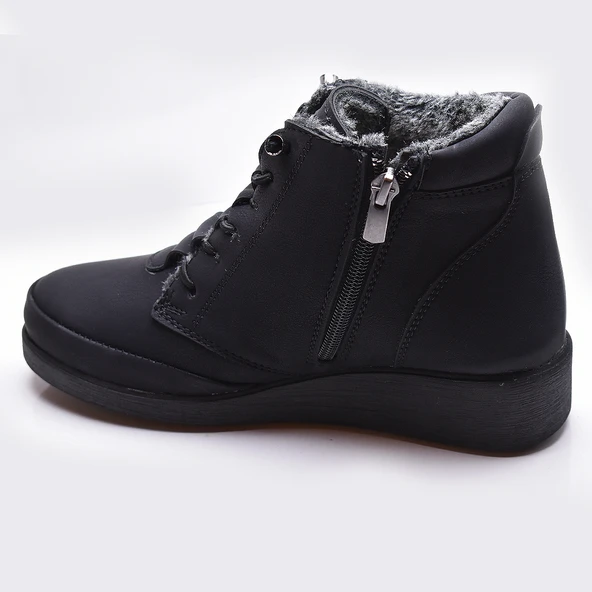 210 Ortopedik Taban Lastik Bağcıklı İçi Kürklü Siyah Anne Botu Kadın Bot Ayakkabı - 4