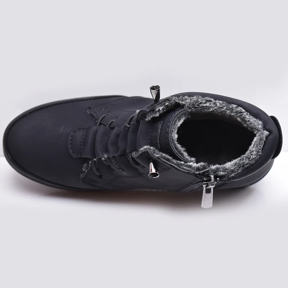 210 Ortopedik Taban Lastik Bağcıklı İçi Kürklü Siyah Anne Botu Kadın Bot Ayakkabı - 6