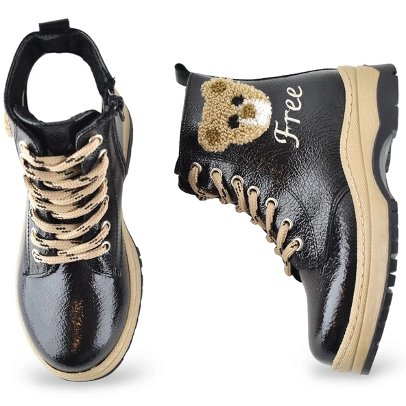 260 Ortopedik Bağcıklı Fermuarlı Kız Çocuk Bot Ayakkabı Kürklü Siyah Kız Çocuk Bot - 5