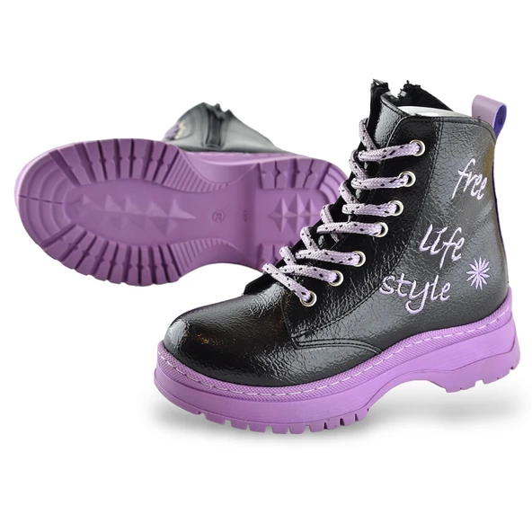 258 Ortopedik Bağcıklı Fermuarlı Kız Siyah Çocuk Bot Ayakkabı Kürklü Kız Çocuk Bot - 4