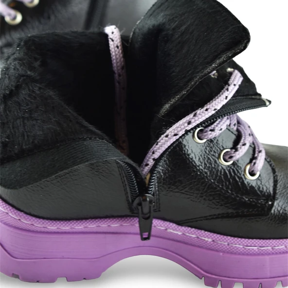 258 Ortopedik Bağcıklı Fermuarlı Kız Siyah Çocuk Bot Ayakkabı Kürklü Kız Çocuk Bot - 3