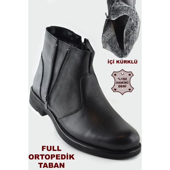 3405 İçi Kürklü Hakiki Deri Erkek Bot Ayakkabı Ortopedik Taban Fermuarlı Deri Bot