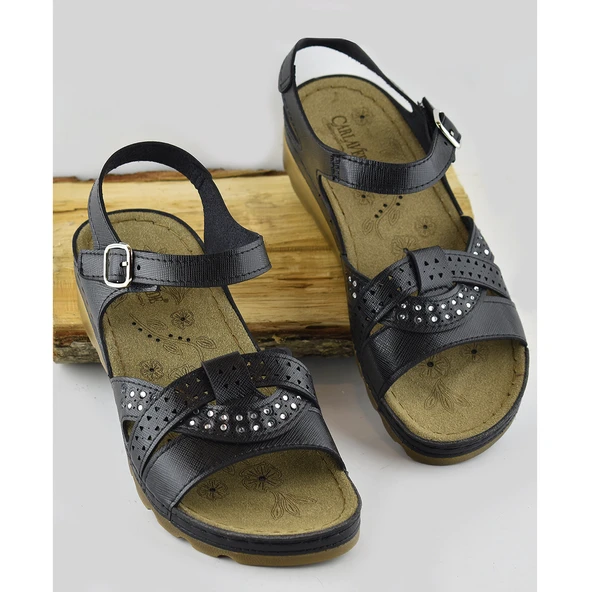 160142.012 CV TAM Ortopedik Taban Günlük Kadın Sandalet Terlik Siyah Sandalet - Resim 2