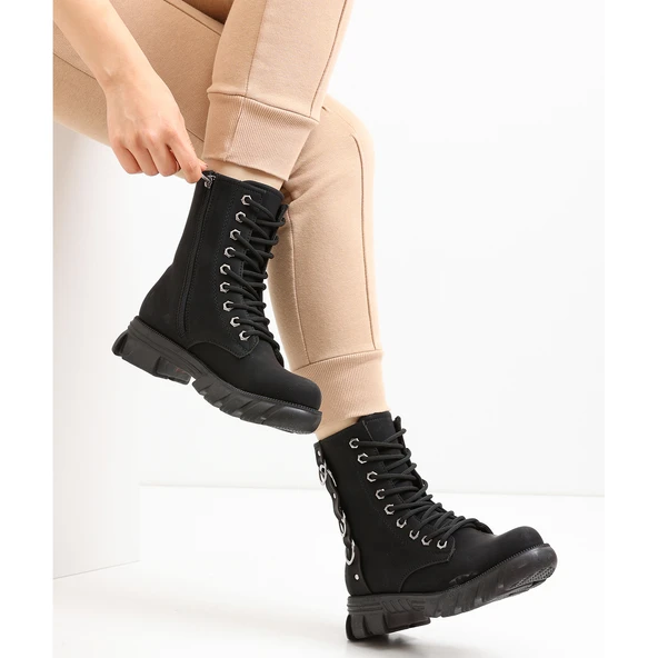 224 Günlük Bağcıklı Fermuarlı Siyah Kadın Bot Ayakkabı Postal - 4