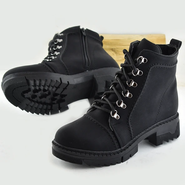 786 Günlük Bağcıklı Fermuarlı Siyah Kadın Bot Ayakkabı Kışlık Bayan Bot - 4