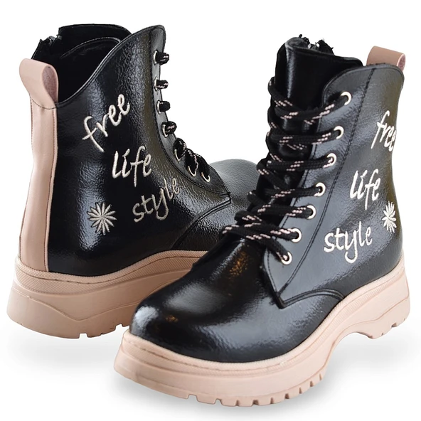 258 Ortopedik Bağcıklı Fermuarlı Kız Siyah Çocuk Bot Ayakkabı Kürklü Kız Çocuk Bot - 6