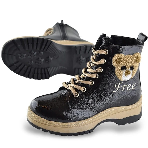 260 Ortopedik Bağcıklı Fermuarlı Kız Çocuk Bot Ayakkabı Kürklü Siyah Kız Çocuk Bot - 4