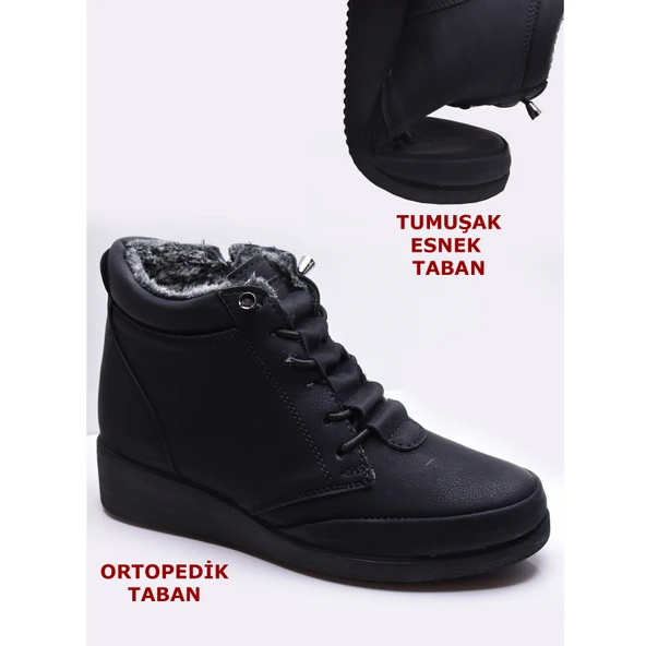 210 Ortopedik Taban Lastik Bağcıklı İçi Kürklü Siyah Anne Botu Kadın Bot Ayakkabı