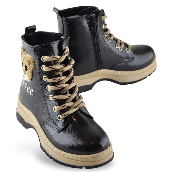 260 Ortopedik Bağcıklı Fermuarlı Kız Çocuk Bot Ayakkabı Kürklü Siyah Kız Çocuk Bot - 3