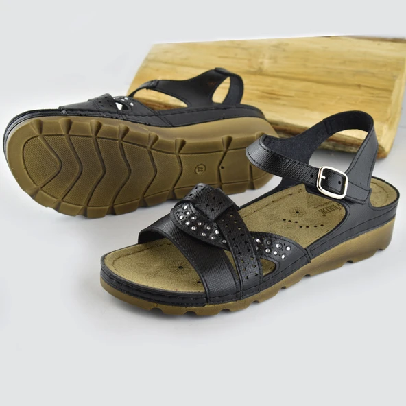 160142.012 CV TAM Ortopedik Taban Günlük Kadın Sandalet Terlik Siyah Sandalet - Resim 3