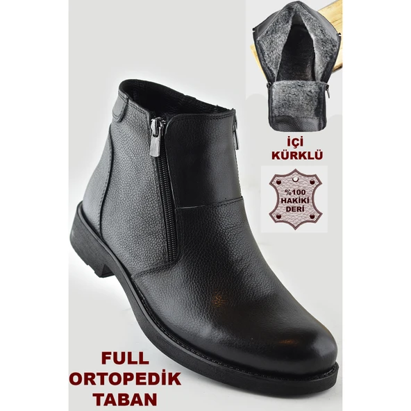 TAB3406 İçi Kürklü Hakiki Deri Erkek Bot Ayakkabı Ortopedik Taban Fermuarlı Deri Bot