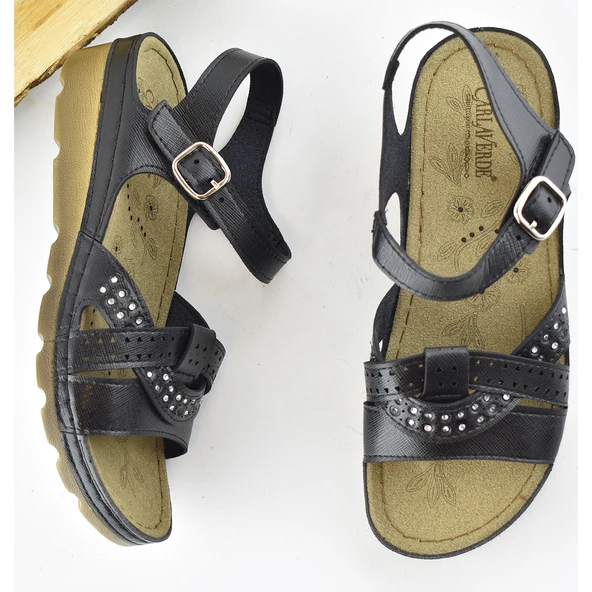 160142.012 CV TAM Ortopedik Taban Günlük Kadın Sandalet Terlik Siyah Sandalet - Resim 4