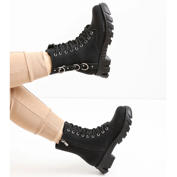 224 Günlük Bağcıklı Fermuarlı Siyah Kadın Bot Ayakkabı Postal - 3