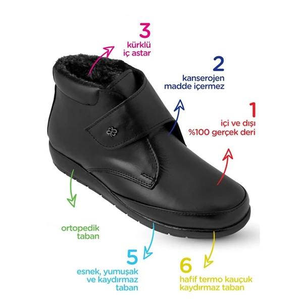 200 Ortopedik Taban İçi Kürklü Siyah Anne Botu Kadın Cırtlı Bot Ayakkabı - 4