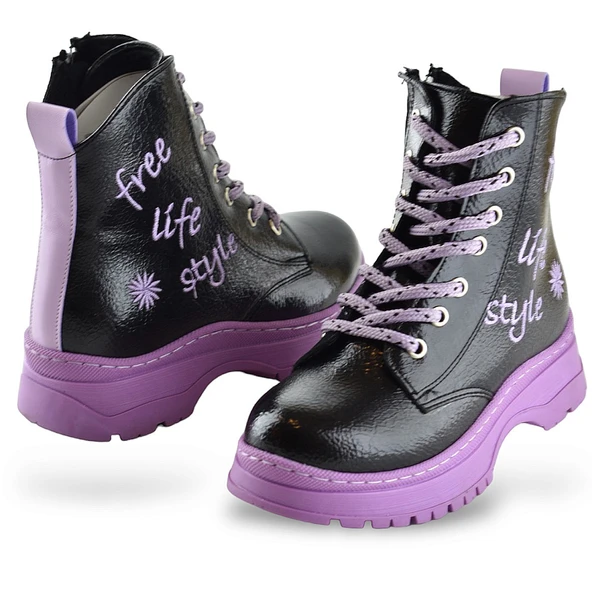 258 Ortopedik Bağcıklı Fermuarlı Kız Siyah Çocuk Bot Ayakkabı Kürklü Kız Çocuk Bot - 5