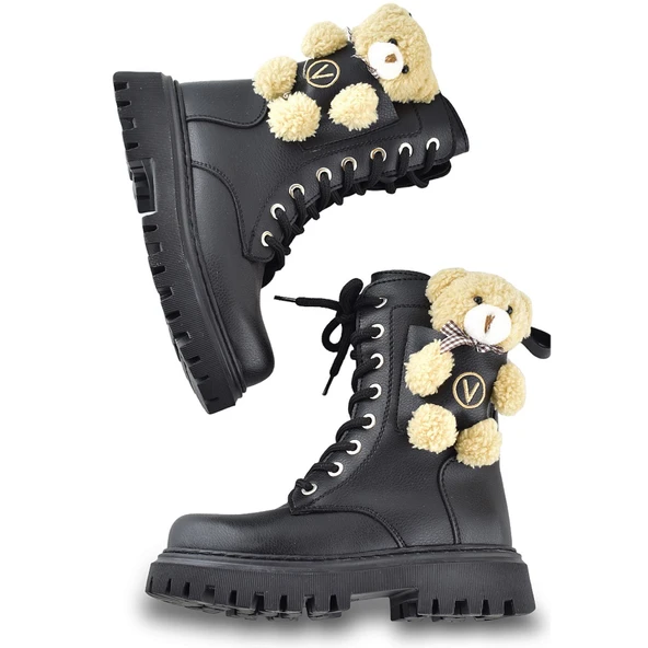 278 Ortopedik Bağcıklı Fermuarlı Kız Çocuk Bot Ayakkabı Ayıcıklı Kürklü Çocuk Bot - 4