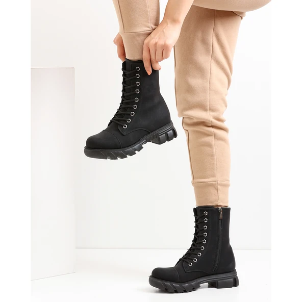 225 Günlük Bağcıklı Fermuarlı Siyah Kadın Bot Ayakkabı Postal - 2