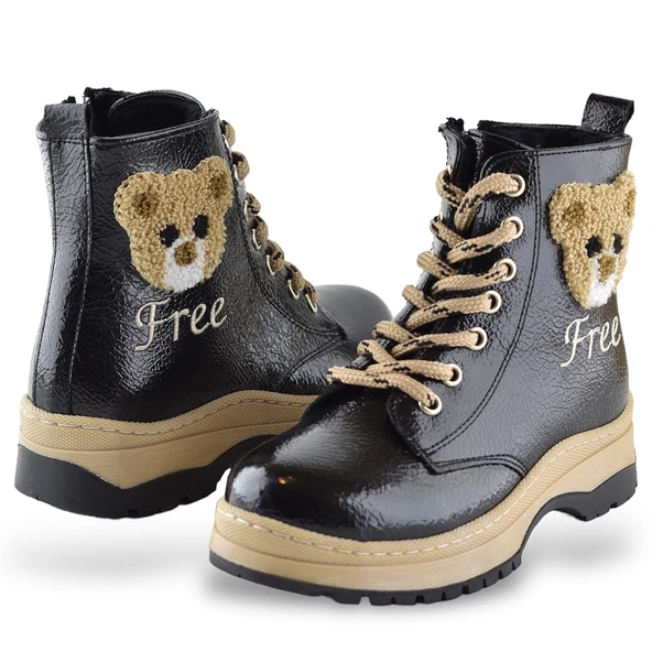 260 Ortopedik Bağcıklı Fermuarlı Kız Çocuk Bot Ayakkabı Kürklü Siyah Kız Çocuk Bot - 2