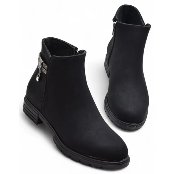 450Z Fermuarlı Günlük Kadın Bot Ayakkabı Kışlık Taşlı Siyah Düz Kadın Bot