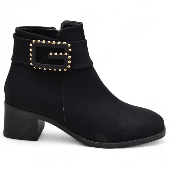 6592 Günlük Fermuarlı Kadın Topuklu Bot Ayakkabı Nubuk Siyah Klasik Topuklu Bot - 5