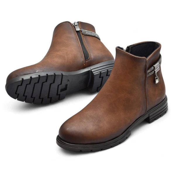 450Z Fermuarlı Günlük Kadın Bot Ayakkabı Kışlık Taşlı Siyah Düz Kadın Bot - 7