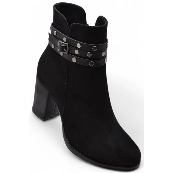 650 Günlük Fermuarlı Kadın Topuklu Bot Ayakkabı Nubuk Siyah Klasik Topuk Bot