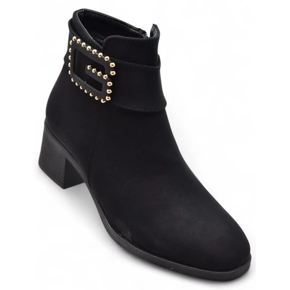 6592 Günlük Fermuarlı Kadın Topuklu Bot Ayakkabı Nubuk Siyah Klasik Topuklu Bot