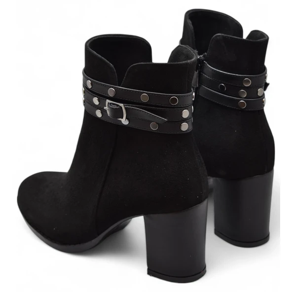 650 Günlük Fermuarlı Kadın Topuklu Bot Ayakkabı Nubuk Siyah Klasik Topuk Bot - 5