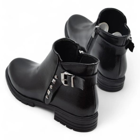 450E Fermuarlı Günlük Kadın Bot Ayakkabı Kışlık Taşlı Rugan Siyah Kadın Bot - 5