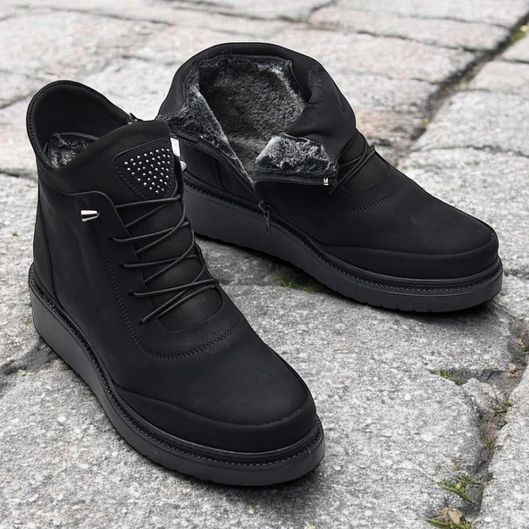 211 Zümrüt  Ortopedik Taban Lastik Bağcıklı Fermuarlı İçi Kürklü Siyah Kadın Bot Ayakkabı - 3