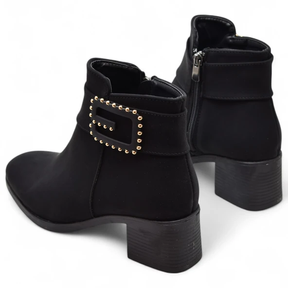 6592 Günlük Fermuarlı Kadın Topuklu Bot Ayakkabı Nubuk Siyah Klasik Topuklu Bot - 3