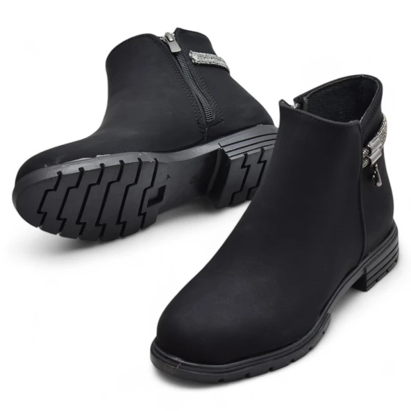 450Z Fermuarlı Günlük Kadın Bot Ayakkabı Kışlık Taşlı Siyah Düz Kadın Bot - 2