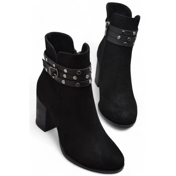 650 Günlük Fermuarlı Kadın Topuklu Bot Ayakkabı Nubuk Siyah Klasik Topuk Bot - 4