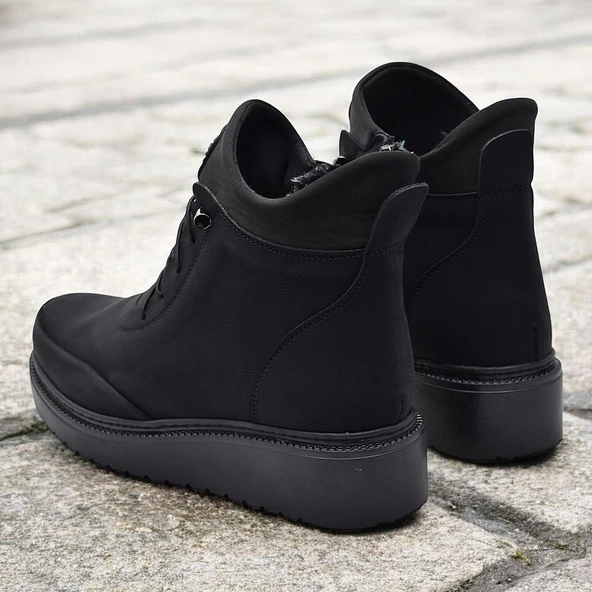 211 Zümrüt  Ortopedik Taban Lastik Bağcıklı Fermuarlı İçi Kürklü Siyah Kadın Bot Ayakkabı - 5