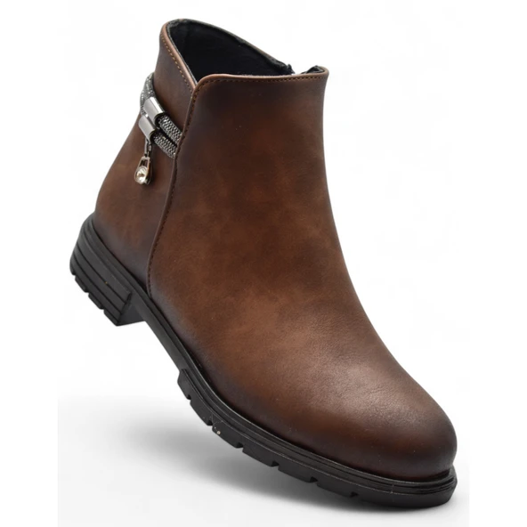 450Z Fermuarlı Günlük Kadın Bot Ayakkabı Kışlık Taşlı Siyah Düz Kadın Bot - 5