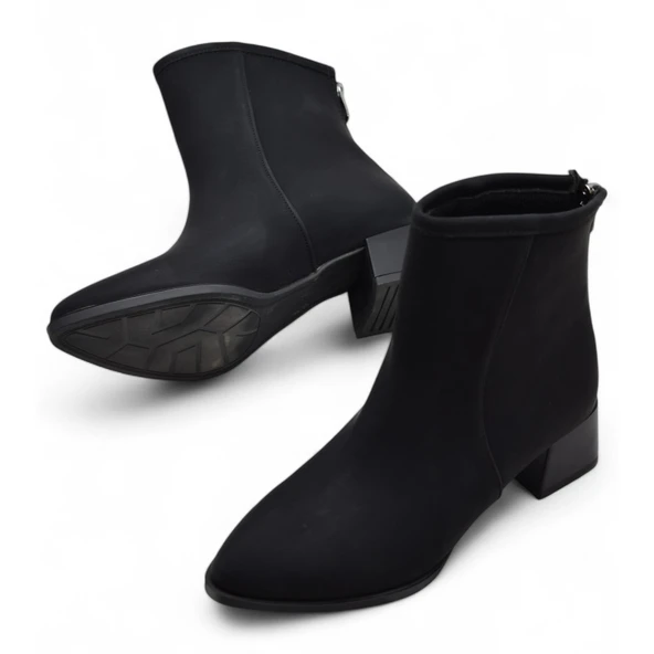 65S Günlük Arkadan Fermuarlı Kadın Topuklu Bot Ayakkabı Siyah Klasik Topuk Bot Zümrüt Siyah - 3