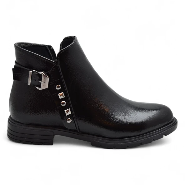 450E Fermuarlı Günlük Kadın Bot Ayakkabı Kışlık Taşlı Rugan Siyah Kadın Bot - 2