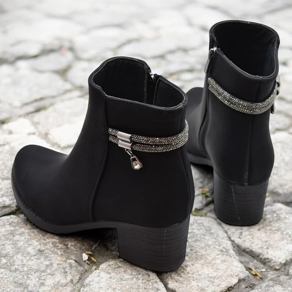 453 Kısa Topuklu Kadın Bot Ayakkabı Taşlı Klasik Ofis Gündelik Kadın Bot - 9