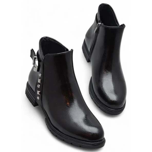 450E Fermuarlı Günlük Kadın Bot Ayakkabı Kışlık Taşlı Rugan Siyah Kadın Bot - 4