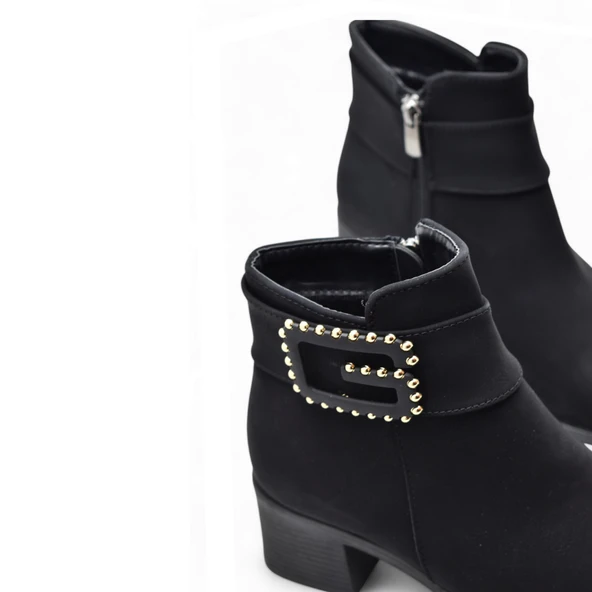 6592 Günlük Fermuarlı Kadın Topuklu Bot Ayakkabı Nubuk Siyah Klasik Topuklu Bot - 4