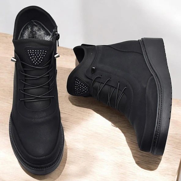 211 Zümrüt  Ortopedik Taban Lastik Bağcıklı Fermuarlı İçi Kürklü Siyah Kadın Bot Ayakkabı - 4